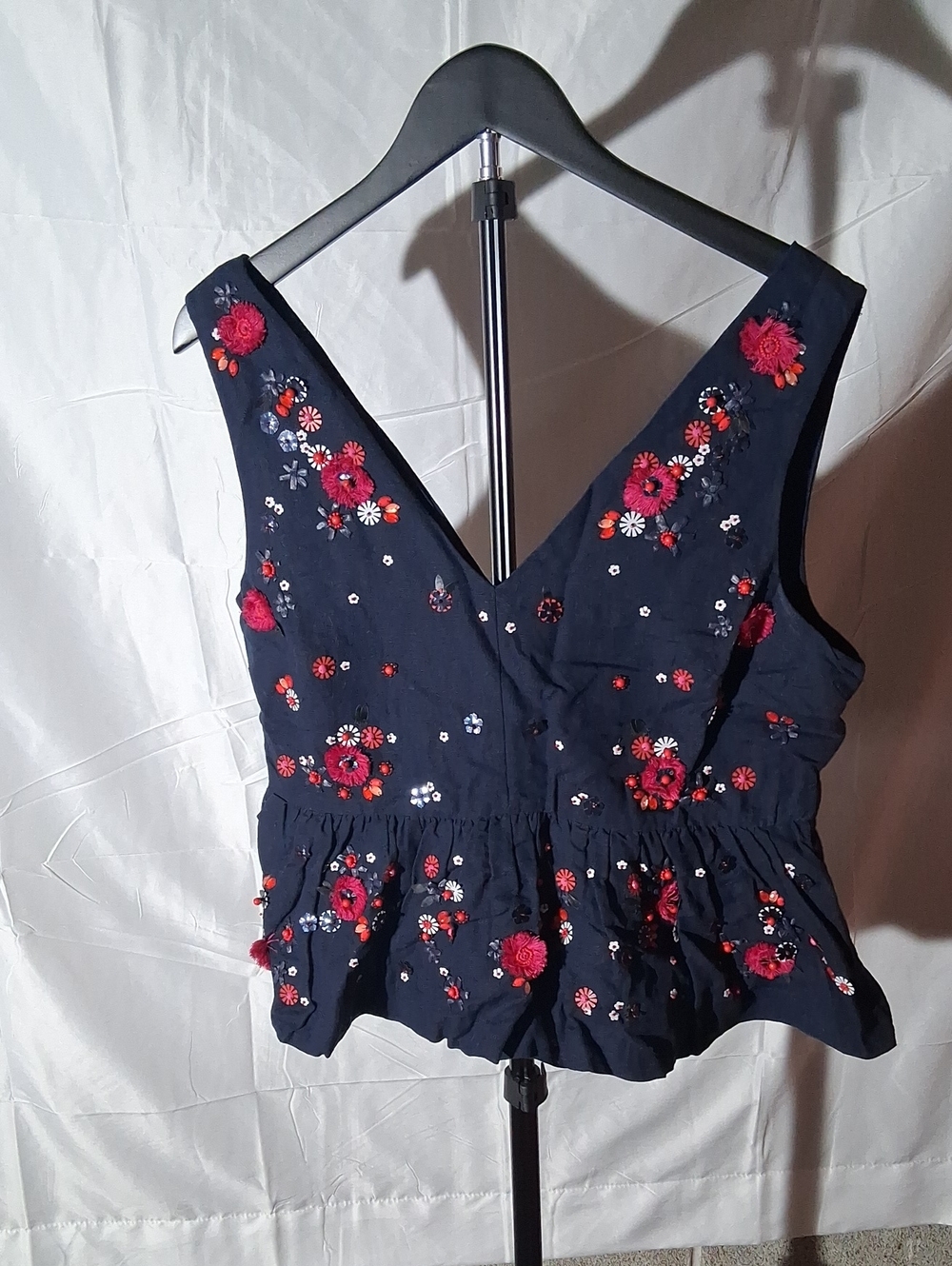 Embroidered V-Neck Navy Peplum Tank Top - Red Floral